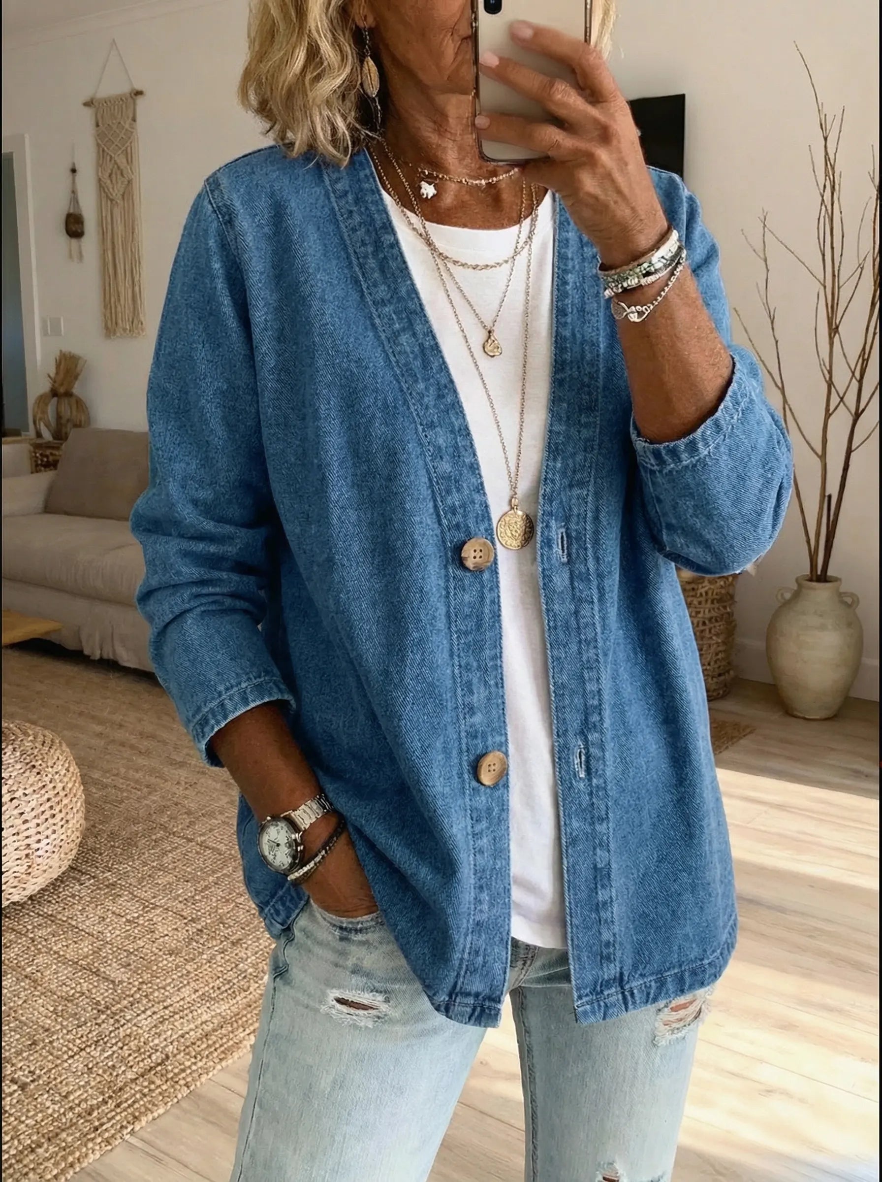 Oryxa - Dames Denim Jas Met Ruime Pasvorm en Knopen Casual Stijl