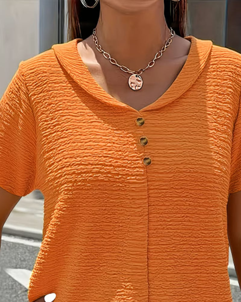 Syzelle - Dames t-shirt met ronde hals textuur korte mouwen elegante decoratieve knopen