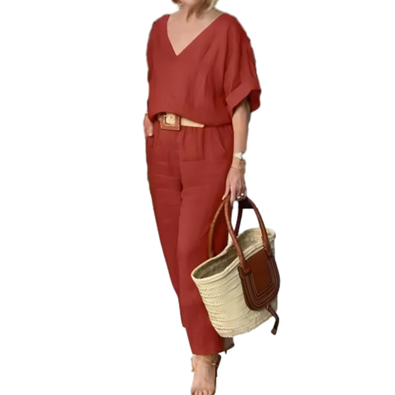 Loxaria - V-hals dames set met broek en zakken in casual stijl
