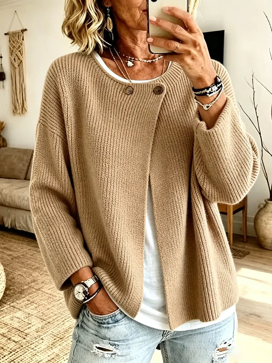 Lobke - Dames cardigan van ribgebreide stof met asymmetrische snit