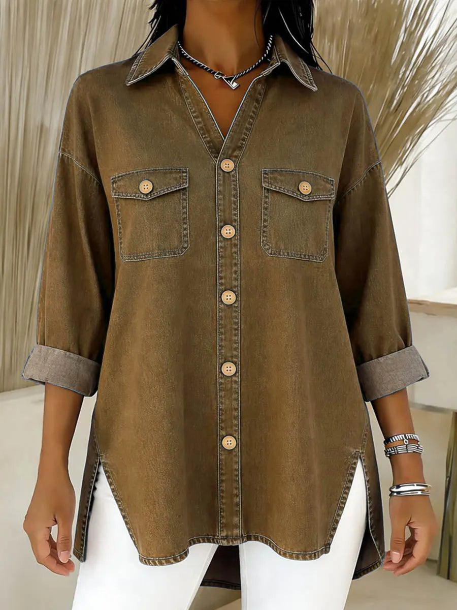 Cléa - Lange denim blouse voor dames met een losse pasvorm en borstzakken