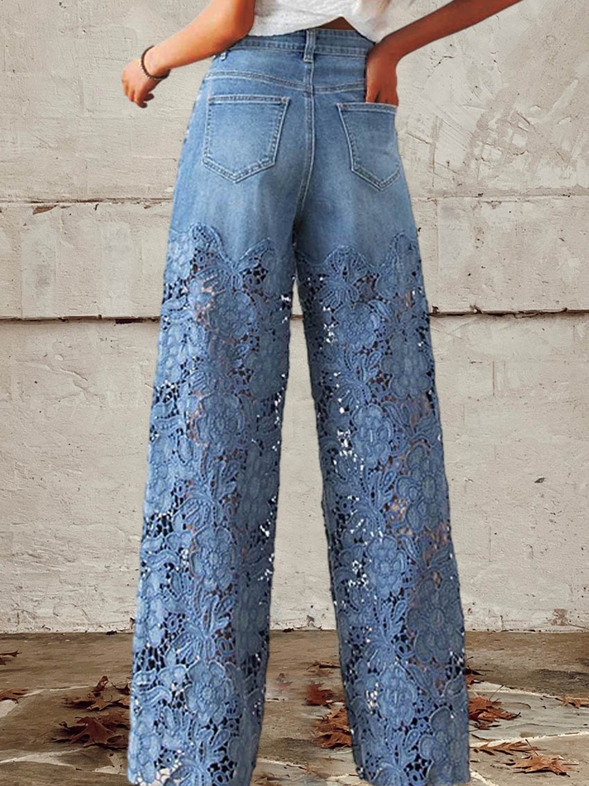 Lisandra - Halfhoge jeans met kant en patchwork voor een casual en trendy stijl