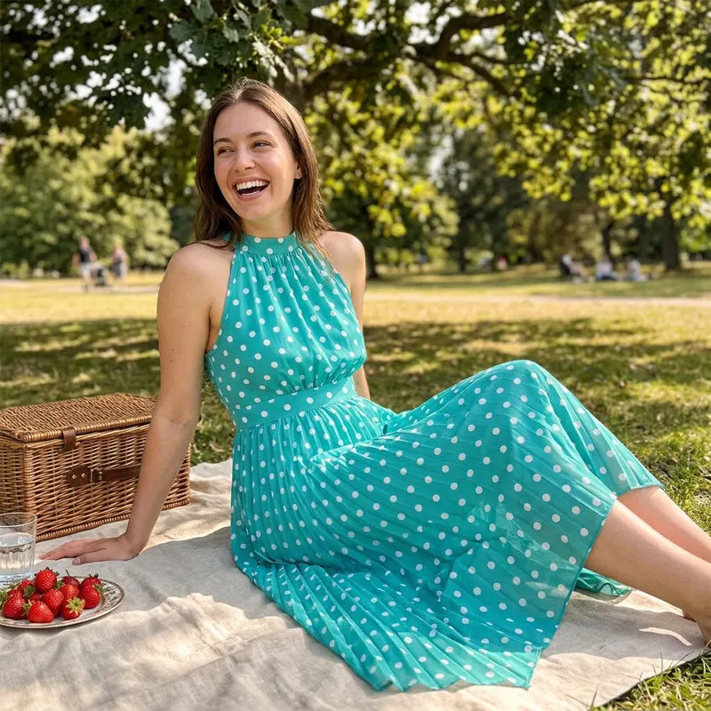 Theodora - Maxi jurk voor vrouwen met stippen en halternek