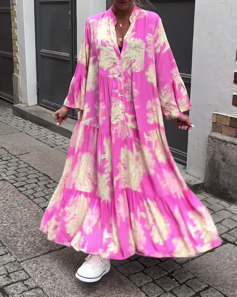 Greta - Losvallende Patchworkjurk met V-hals en Klokmouwen met Print
