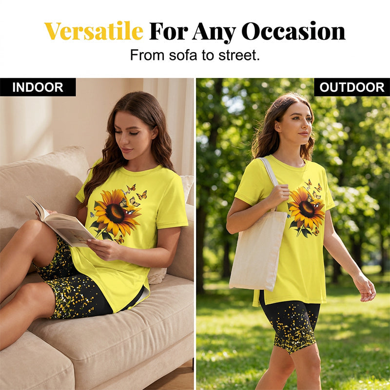 Evorielle - Dames set lange tuniek met zonnebloemprint en bijpassende short
