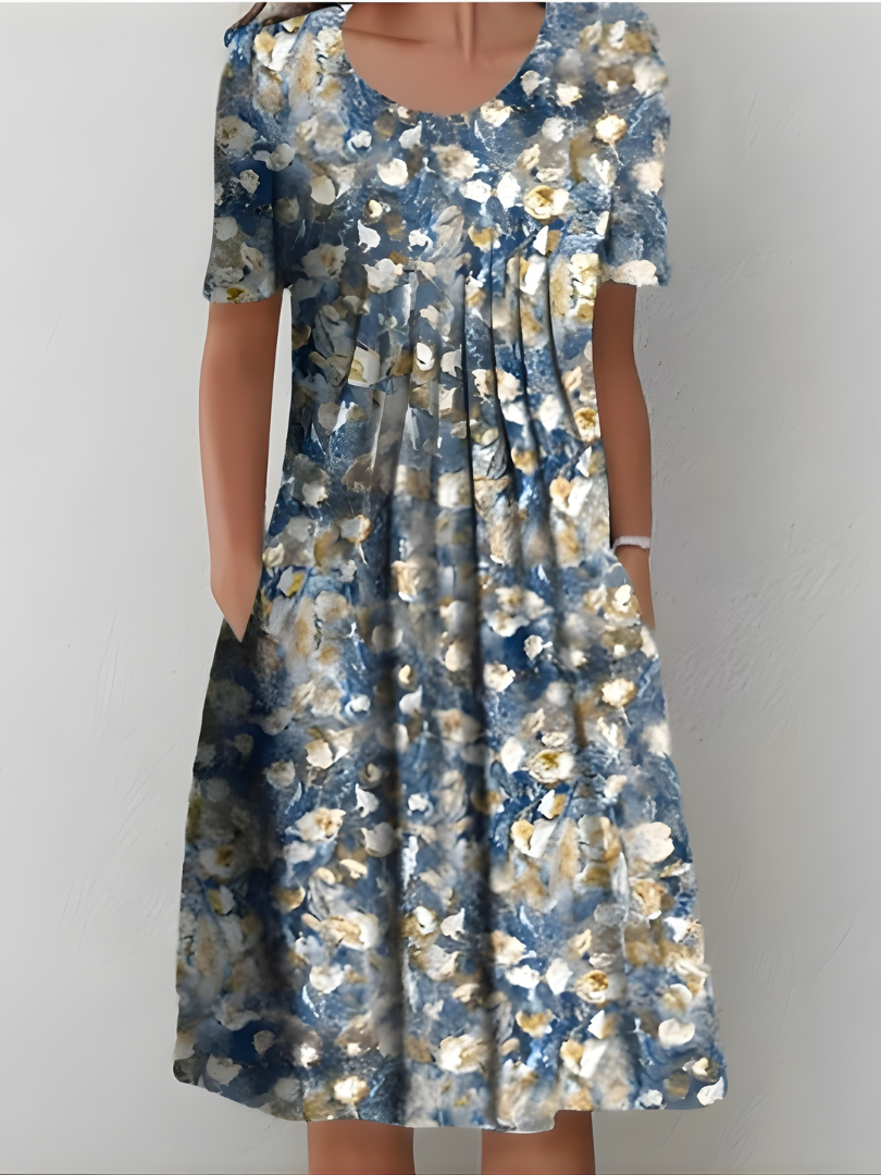 Aurexia - Vrouwelijke Plissé Jurk met Korte Mouwen, Vloeiende Snit, Elegante Bloemenprint