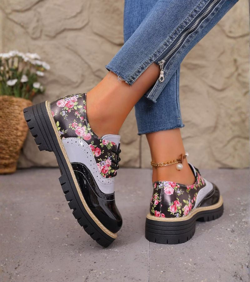 Maan - Dames Oxford Schoenen met Veters en Bloemenpatroon met Dikke Zool