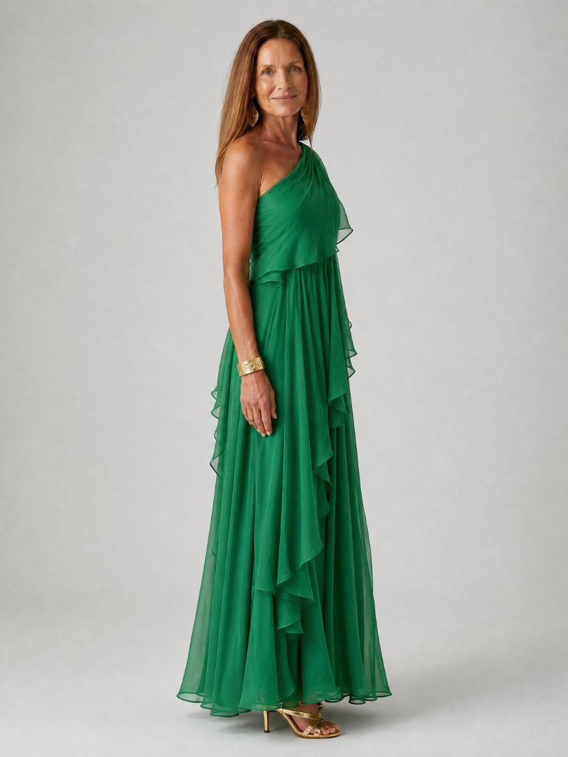 Zeline - Asymmetrische maxi-jurk in groene met volants