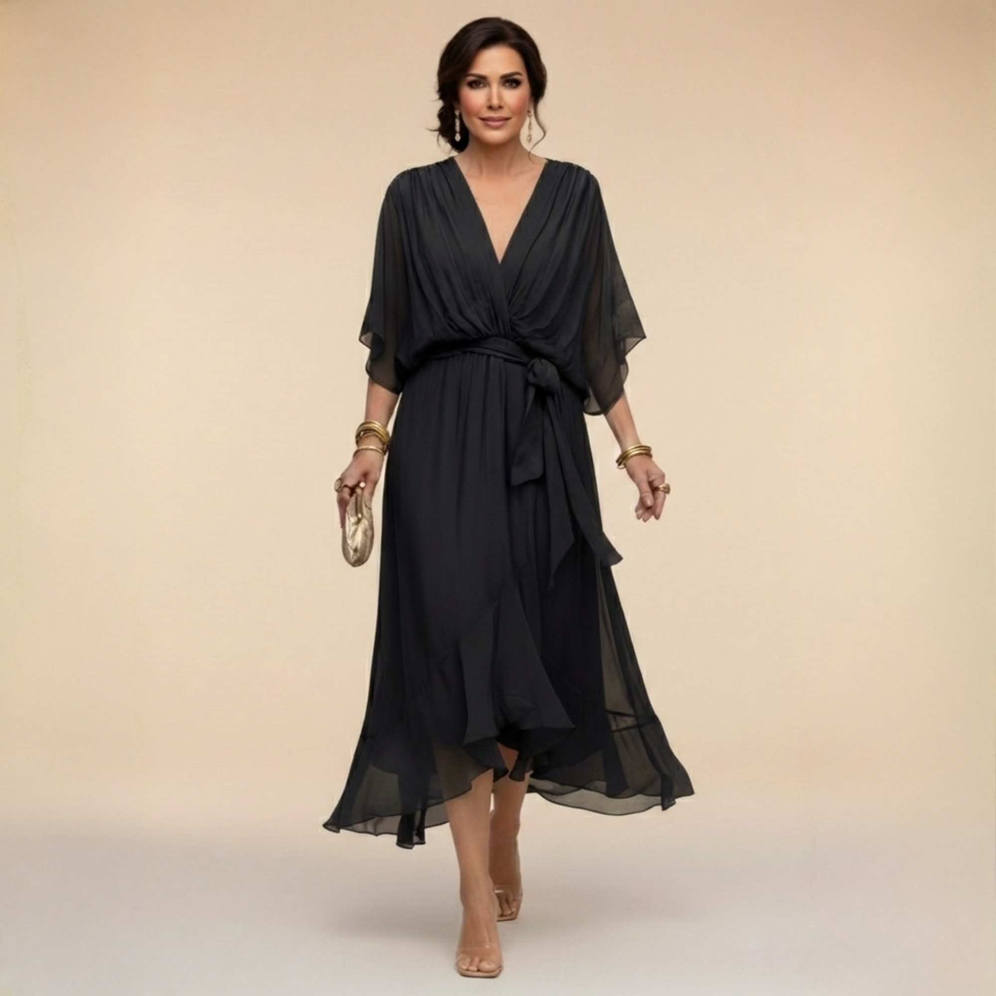 Lazira - Midi jurk voor vrouwen met V-hals, ruime mouwen en elegante riem
