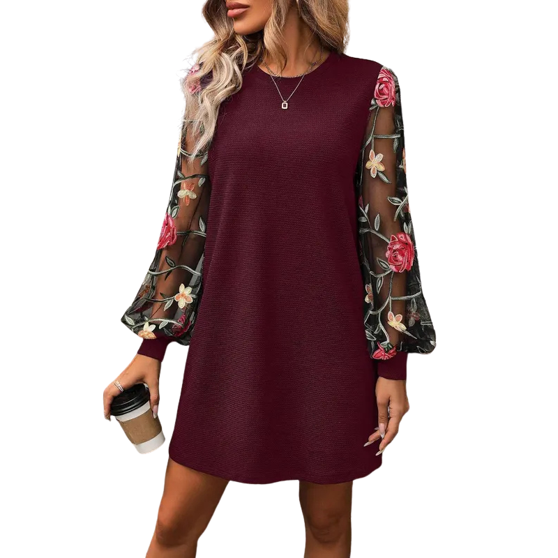 Quelythra - Elegante dames trui jurk met geborduurde bloemenmouwen