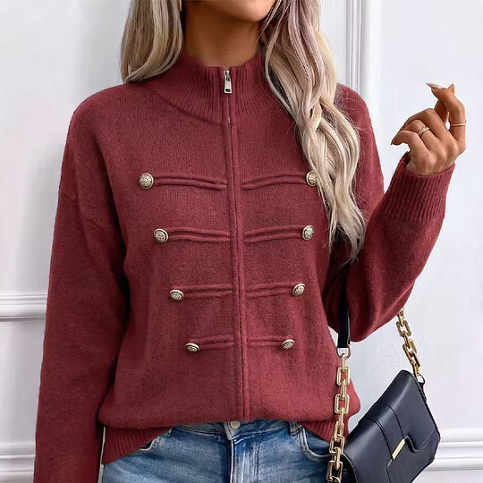 Teuntje - Dames gebreide gilet met hoge, rits en decoratieve knopen