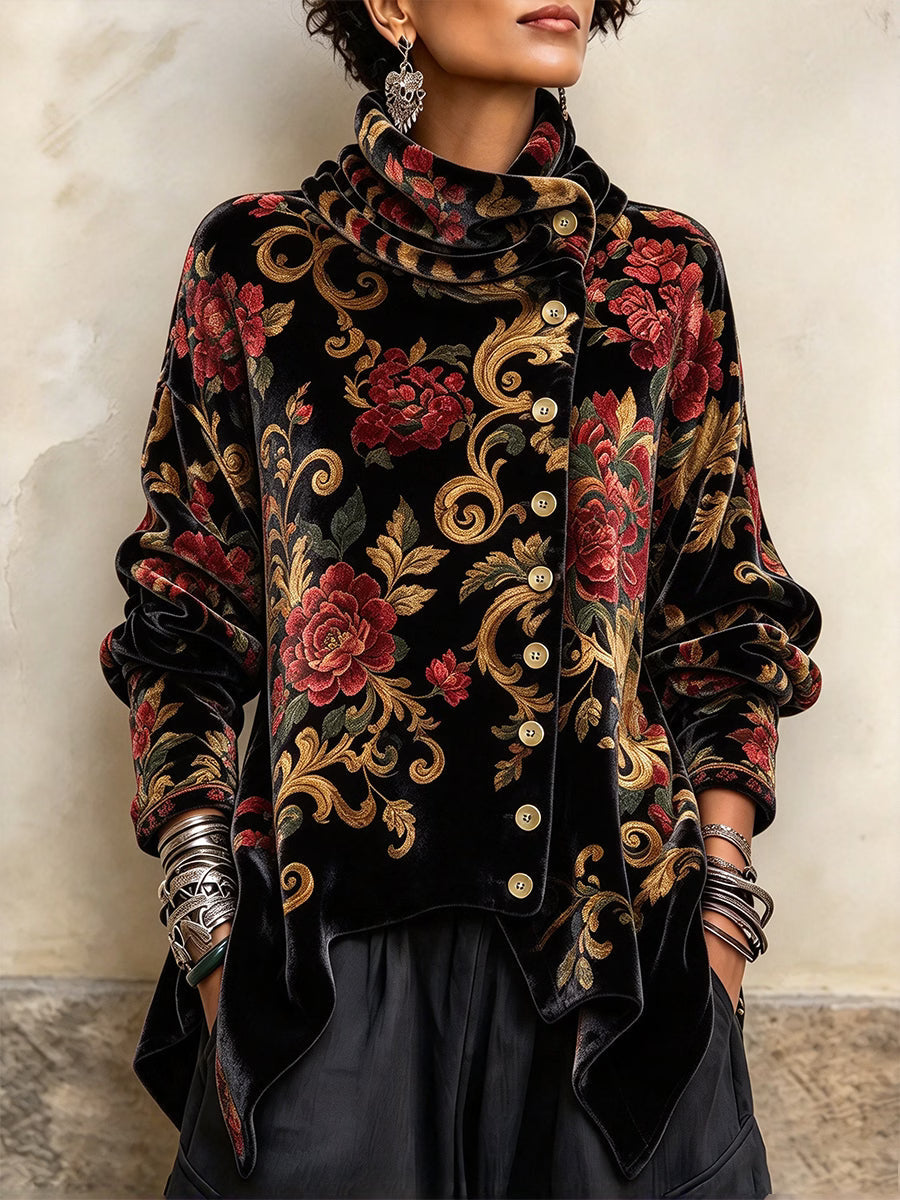 Jolein - Vrouwen top van fluweel met bloemenprint en vintage gedrapeerde kraag
