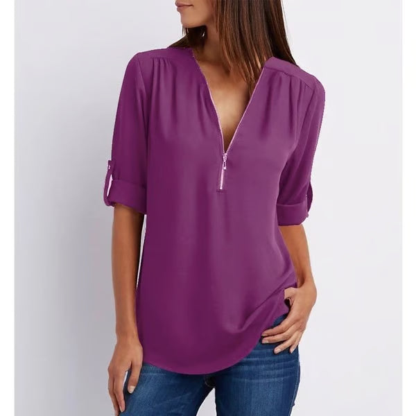 Quelina - 3/4 Mouw Losse Rits Blouse