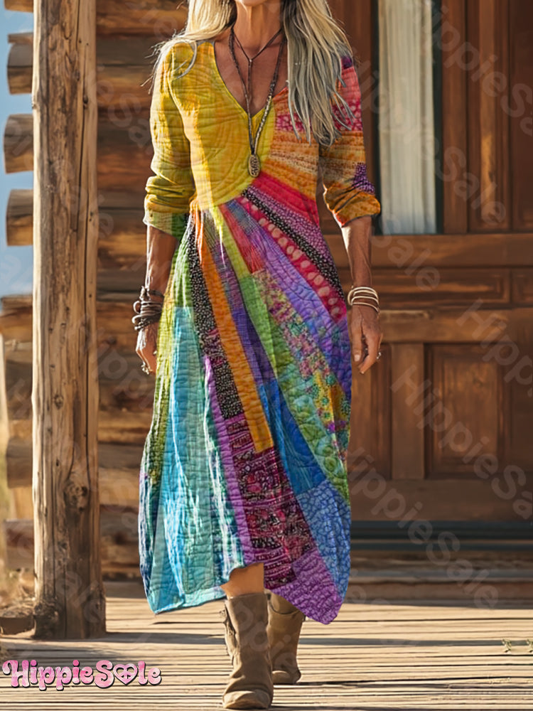 Delyne - Boheemse Jurk van Katoen en Linnen met Multicolor Patchwork