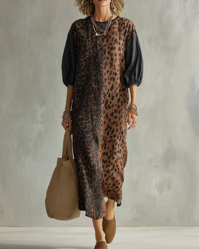Milou - Premium leopard jurk met elegante pofmouwen