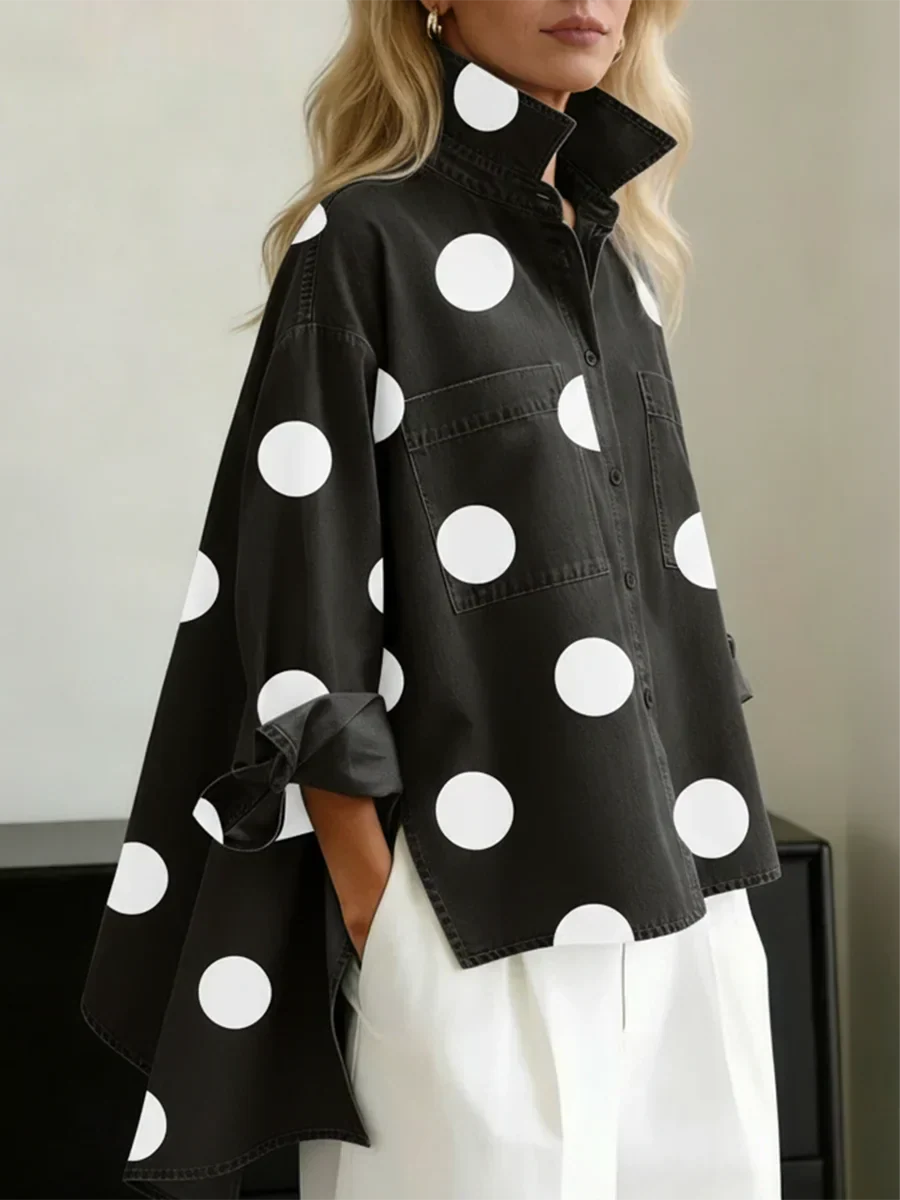 Aqira - Dames Overhemd Met Grote Stippen Oversized Moderne Gestructureerde Kraag