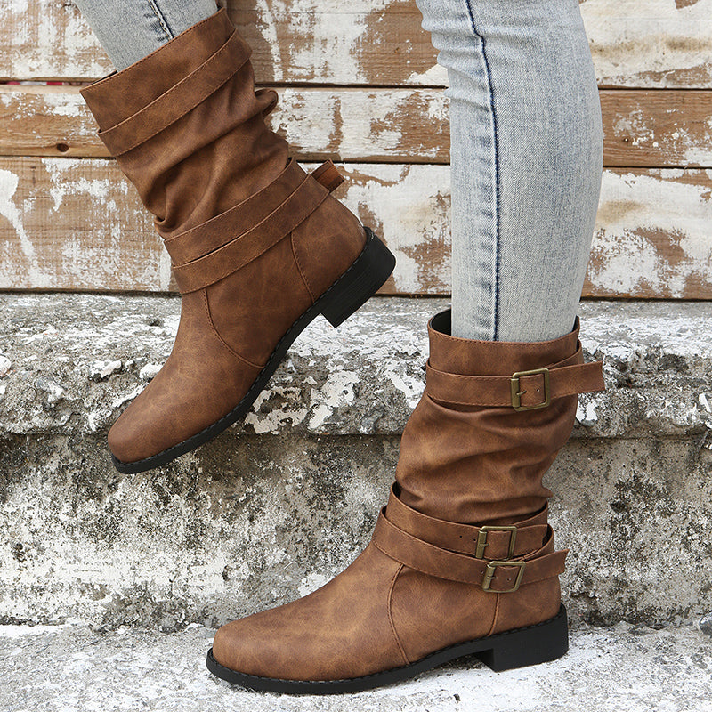 Nettie - Retro Leren Laarzen voor de Herfst-Winter