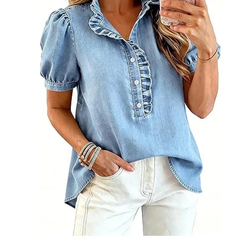 Caelith - Dames denim top met volantkraag