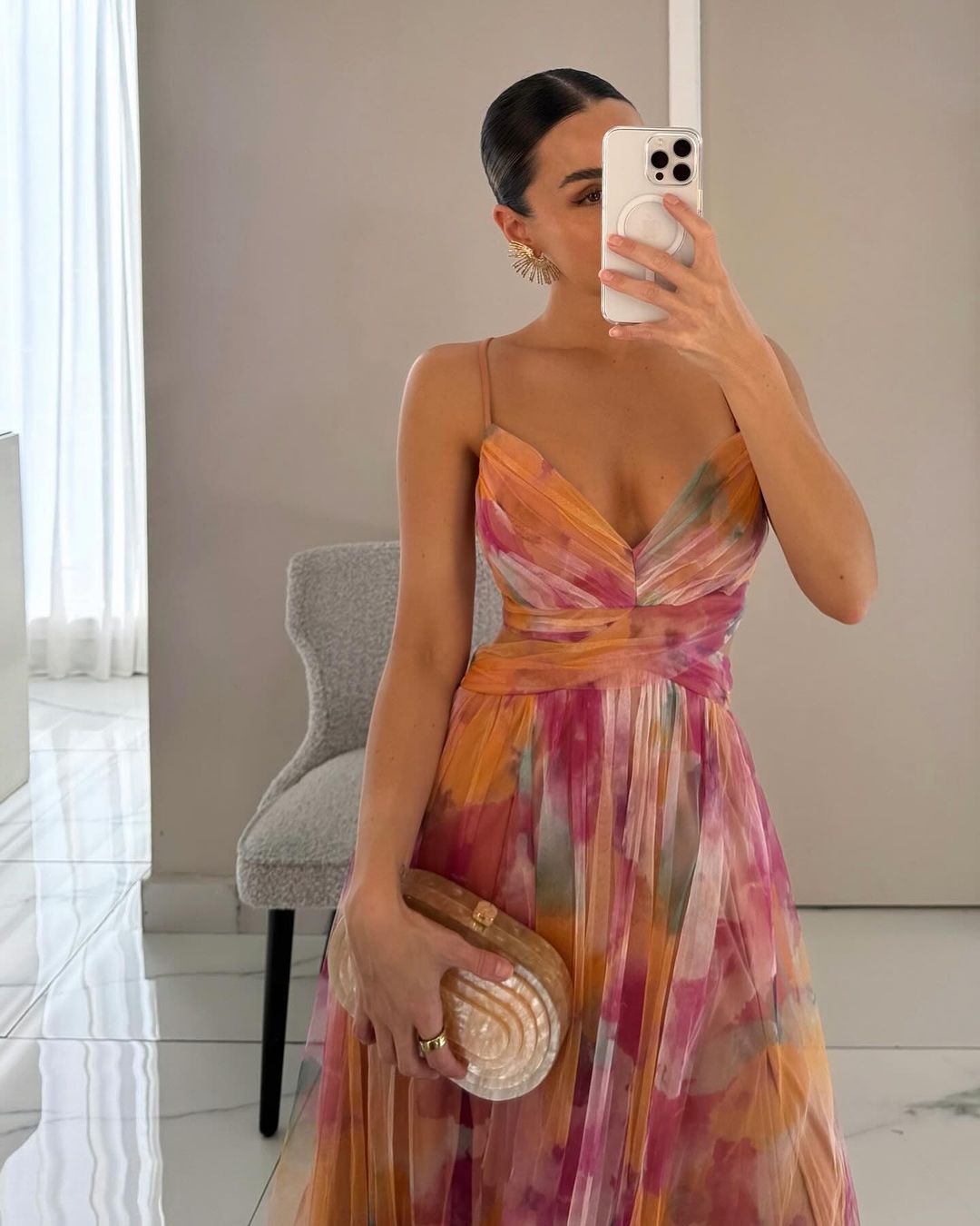 Helena - Maxi Jurk Vrouw Fluide Met V-Hals Fijne Bandjes Elegante Bloemmotieven