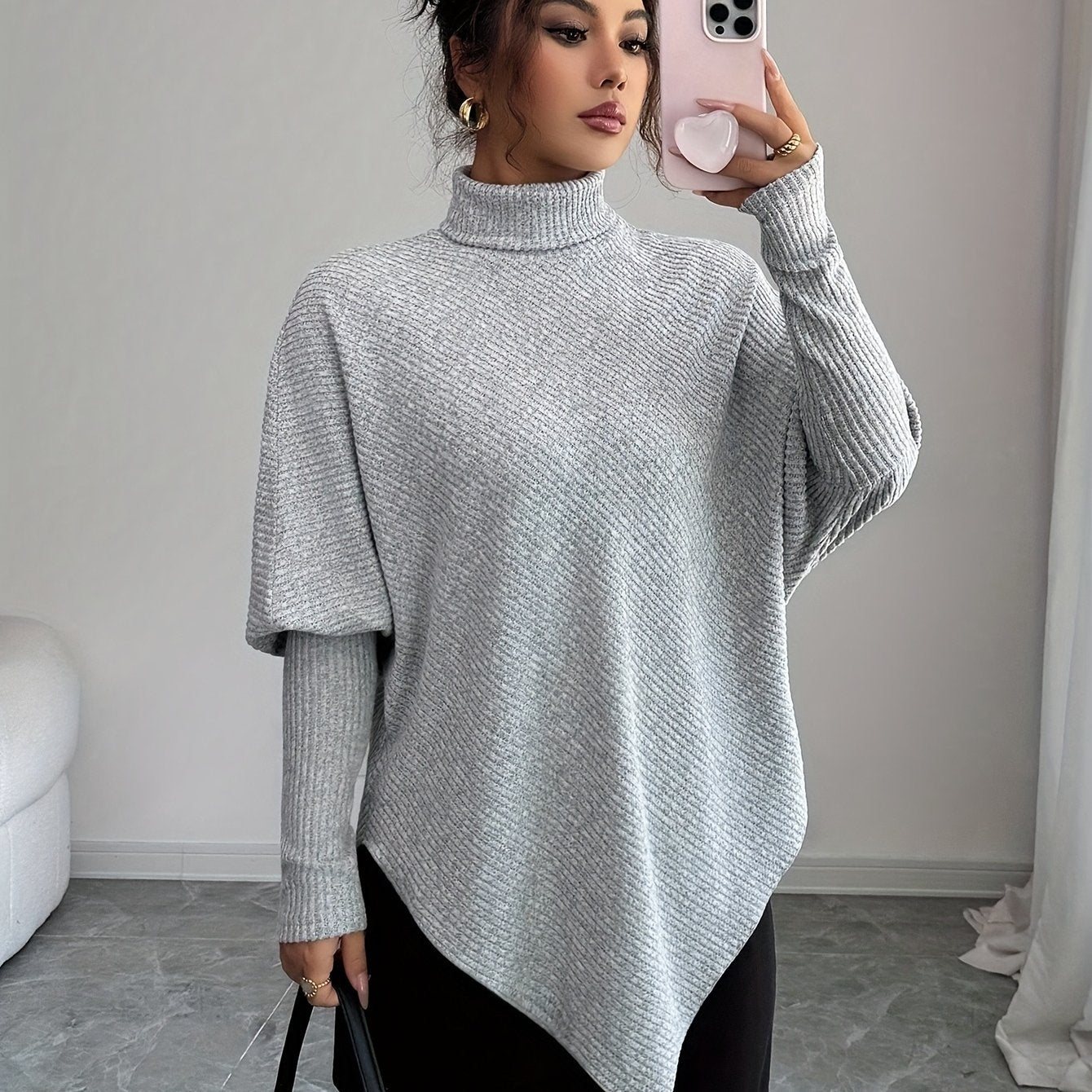 Ilyssa - Asymmetrische Trui Met Hoge Hals Moderne Elegant
