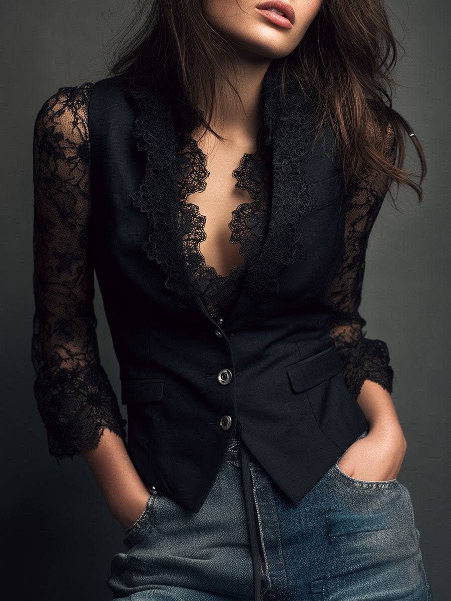 Bruxelle - Elegante Damesblouse van Kant met Transparante Mouwen