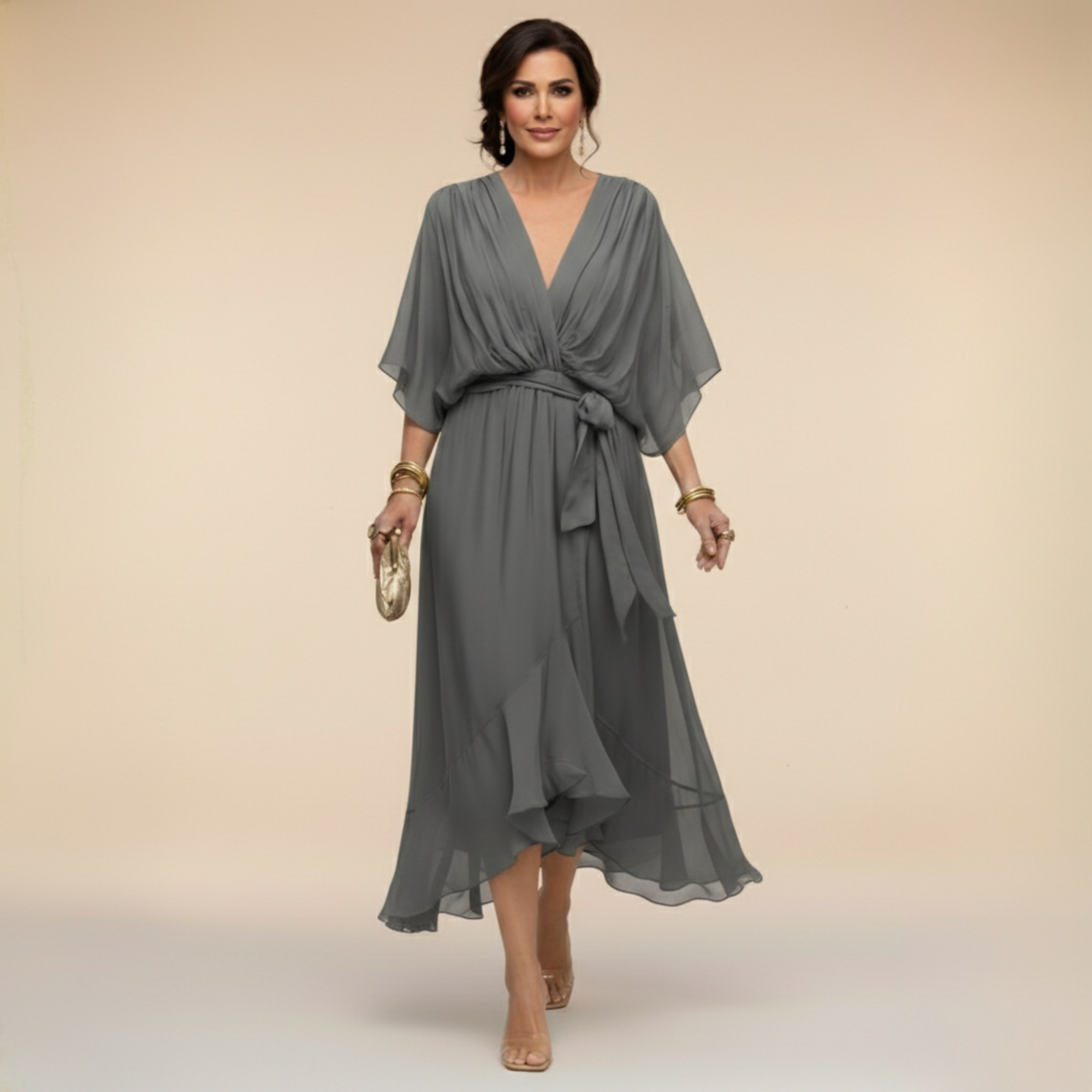 Lazira - Midi jurk voor vrouwen met V-hals, ruime mouwen en elegante riem