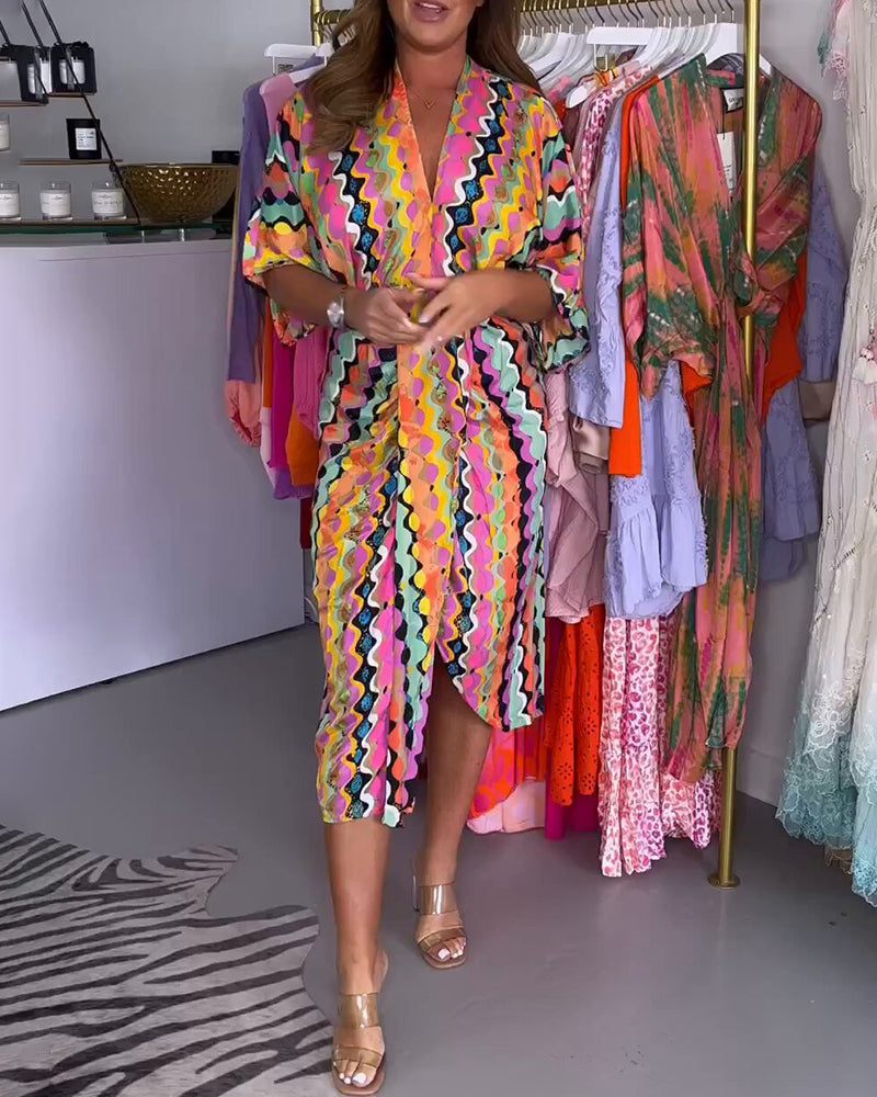 Rosaria - Dames Multicolour V-hals Midi Dress