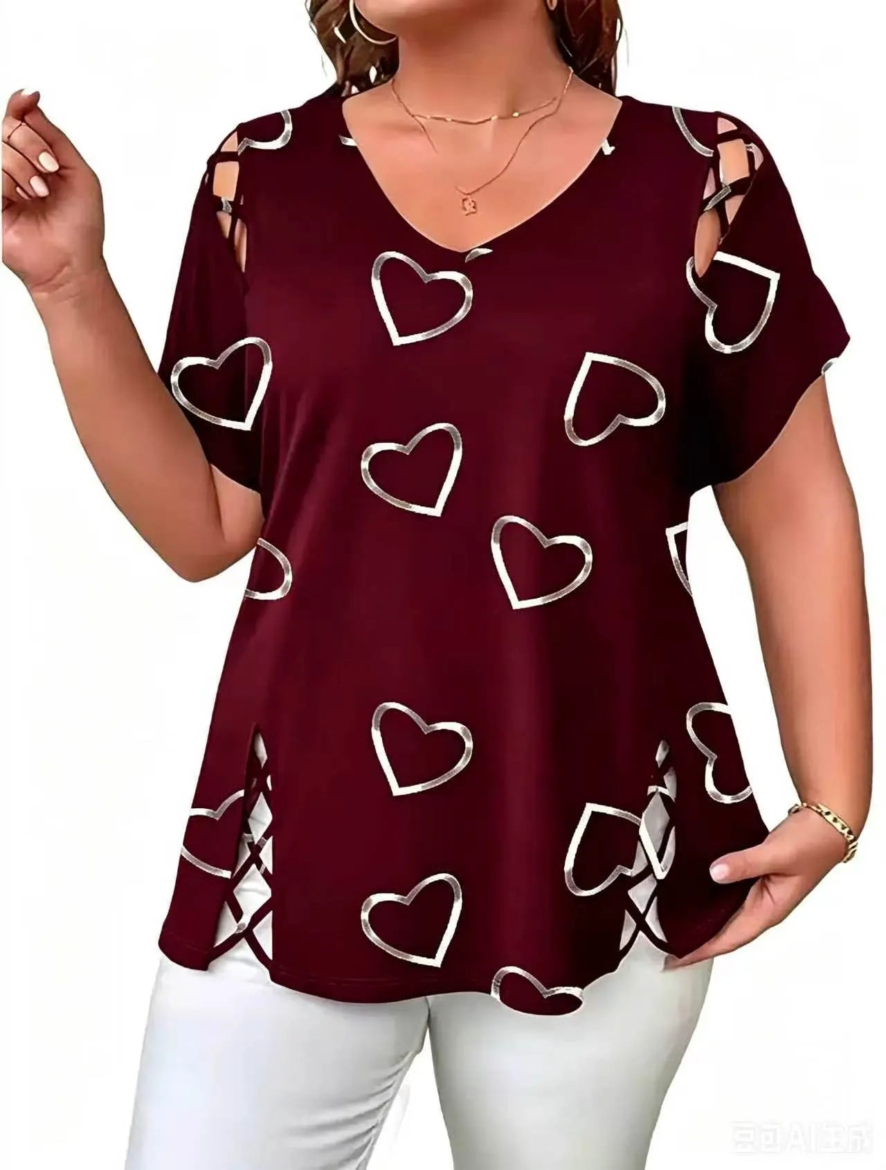 Elowra - Damesblouse met V-hals en hartjesprint