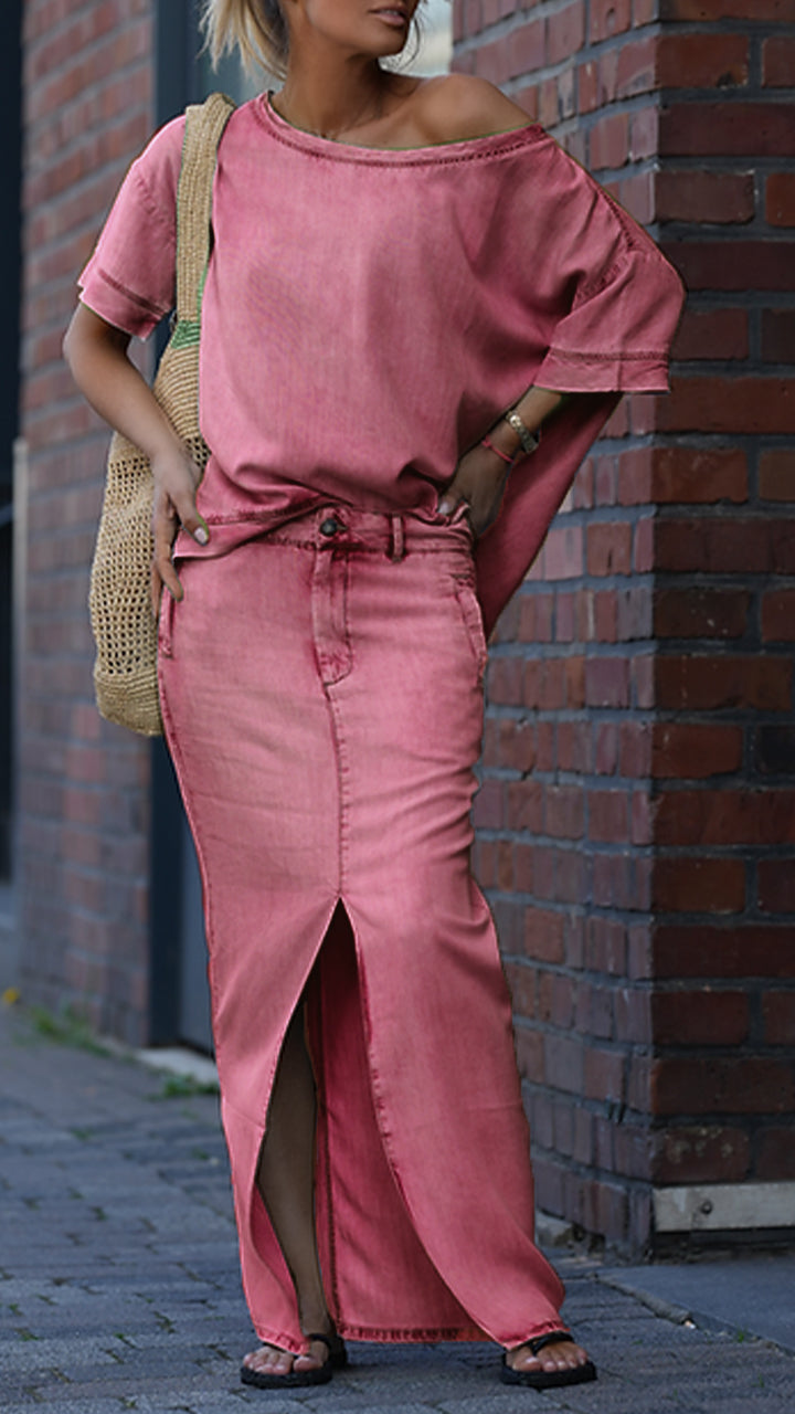 Mireya - Casual damesset in Tencel Denim met ronde halslijn