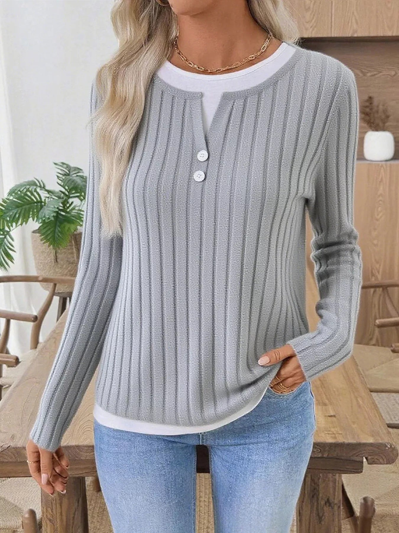 Kalivianne - Geribbelde Winter T-shirt met Lange Mouwen