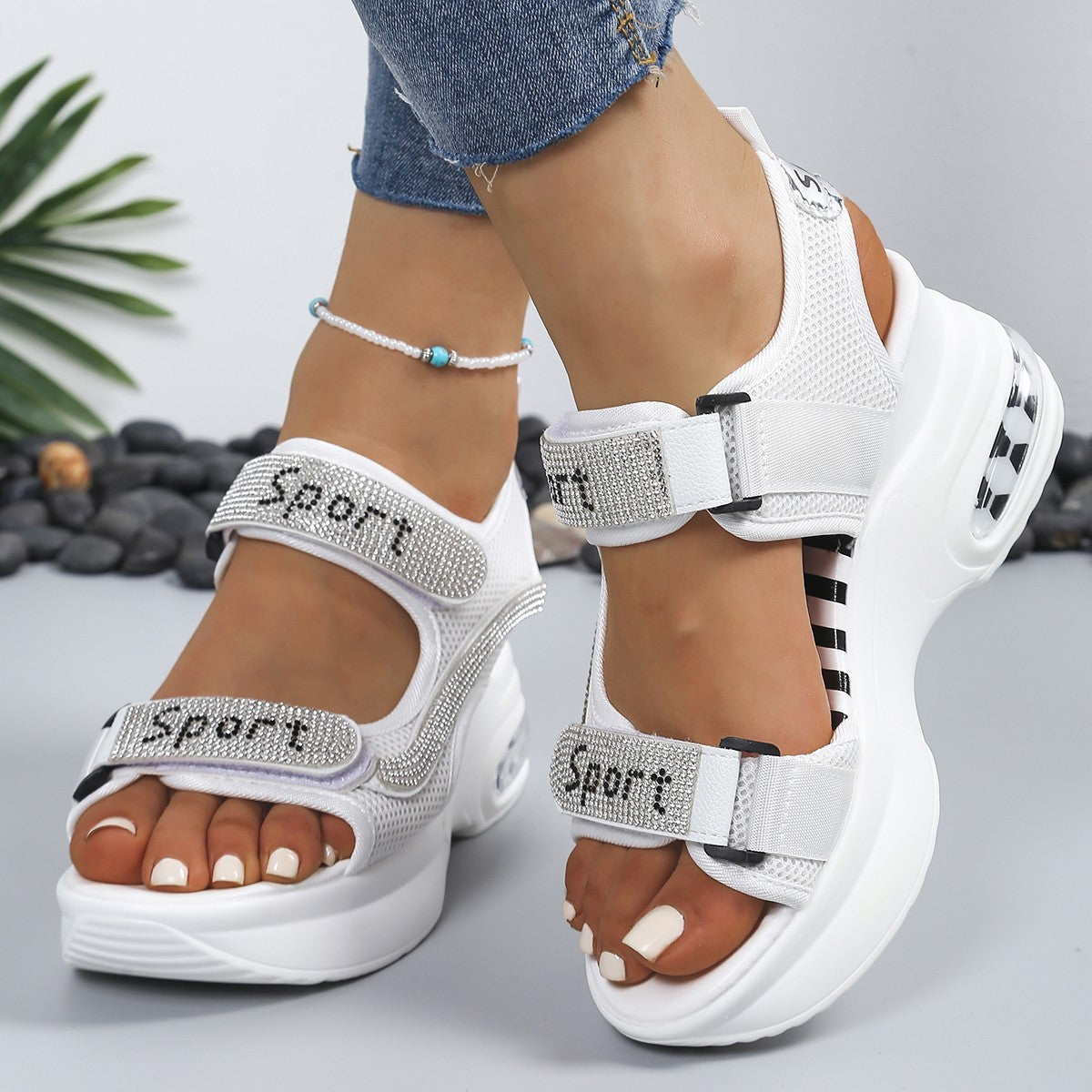 Calyvra - Dames sandalen platform strass velcro luchtzool sport