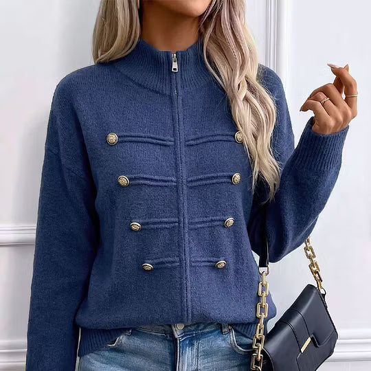 Teuntje - Dames gebreide gilet met hoge, rits en decoratieve knopen