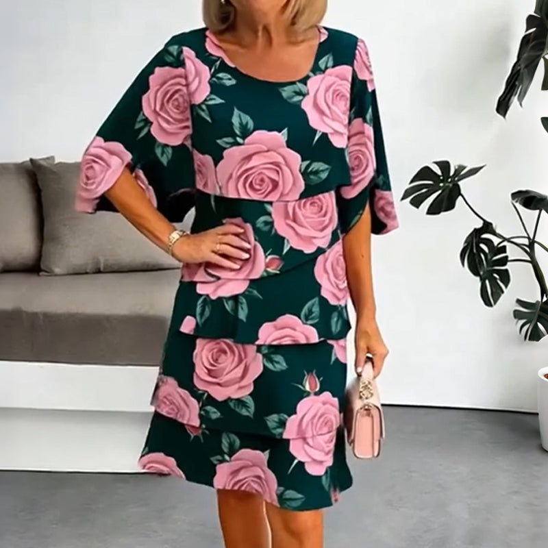 Qyvelle - Vrouwenjurk met Bloemenprint, Ruime Pasvorm, Vloeiende Mouwen, Elegante Stijl