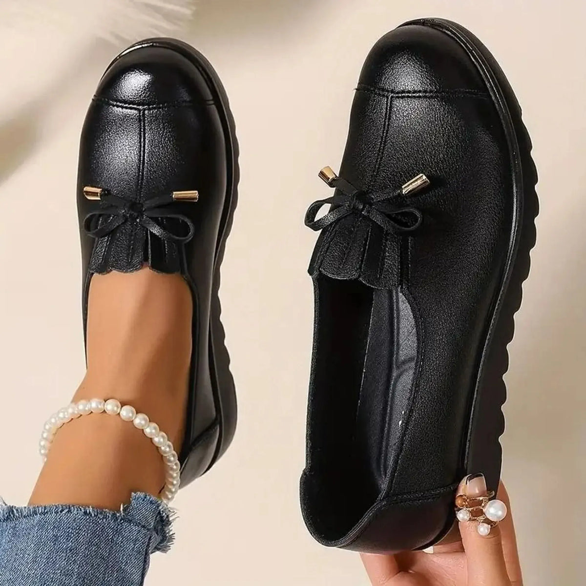 Nieske - Comfortabele Dames Instap Mocassins met Strik en Plateauzool