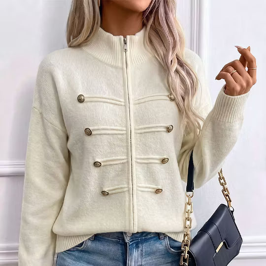 Teuntje - Dames gebreide gilet met hoge, rits en decoratieve knopen