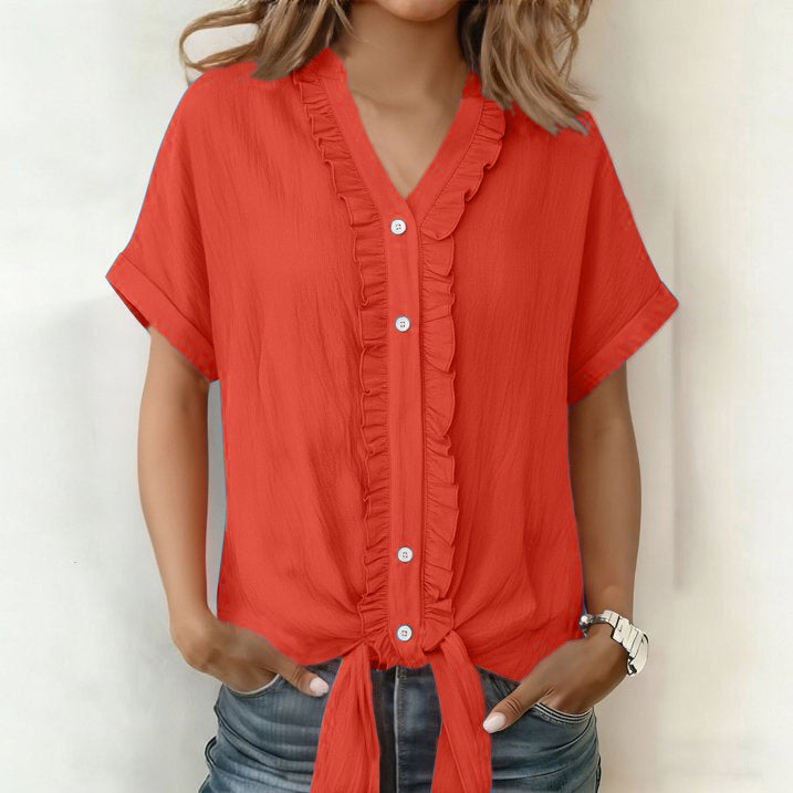 Kalyxa - Dames katoen V-hals kortemouwen blouse zomer