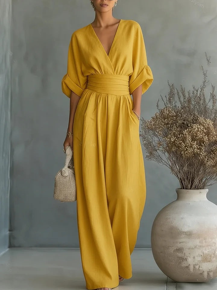 Daxelle - Elegante Dames Jumpsuit Met V-Hals, Getailleerde Taille, Wijde Benen