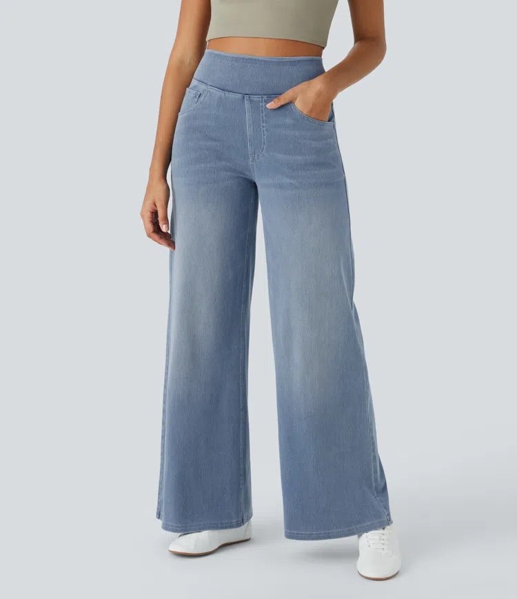 Ruvessa - Dames jeans met hoge taille brede pijpen zeer rekbaar moderne snit