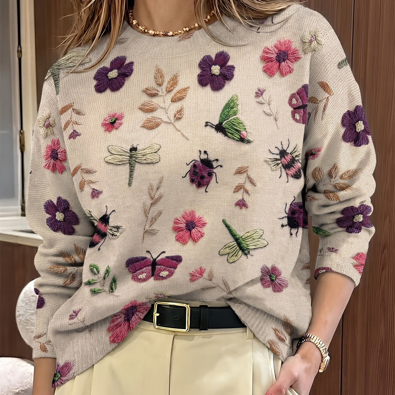 Fiorika - Geborduurd Pull Natuur Elegant