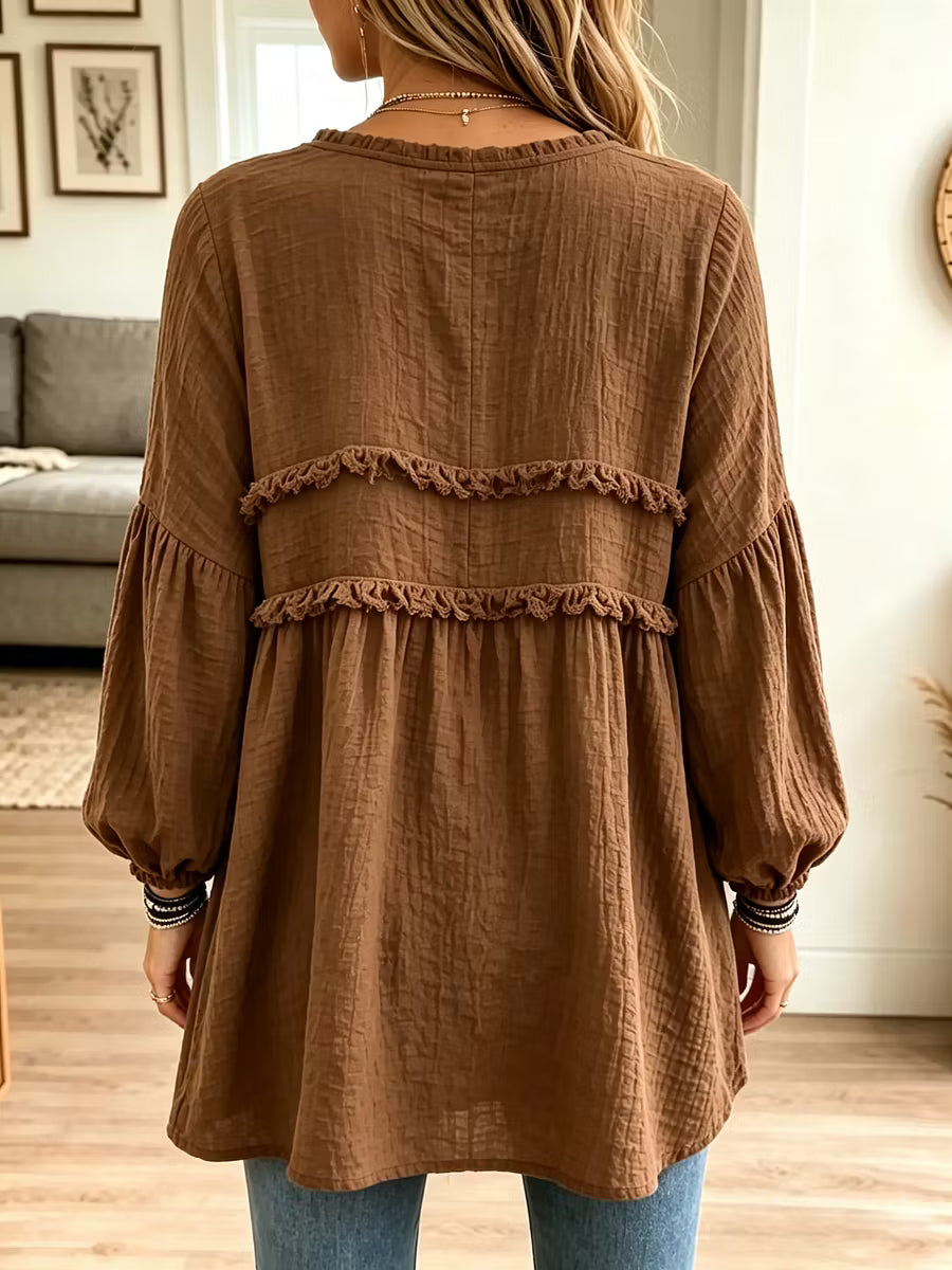 Noëlie - Vrouwelijke babydoll tuniek met volant en ballonmouwen