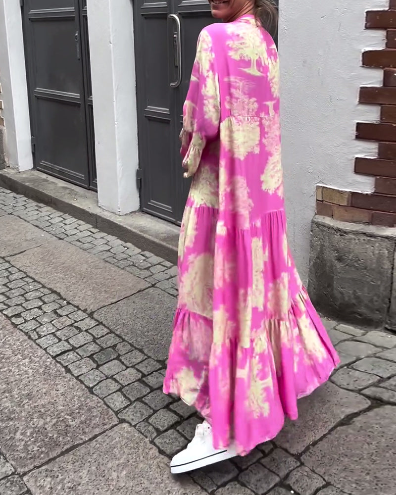 Greta - Losvallende Patchworkjurk met V-hals en Klokmouwen met Print