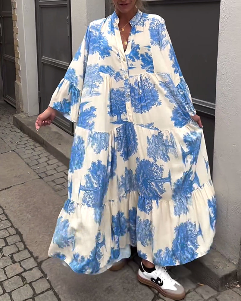 Greta - Losvallende Patchworkjurk met V-hals en Klokmouwen met Print