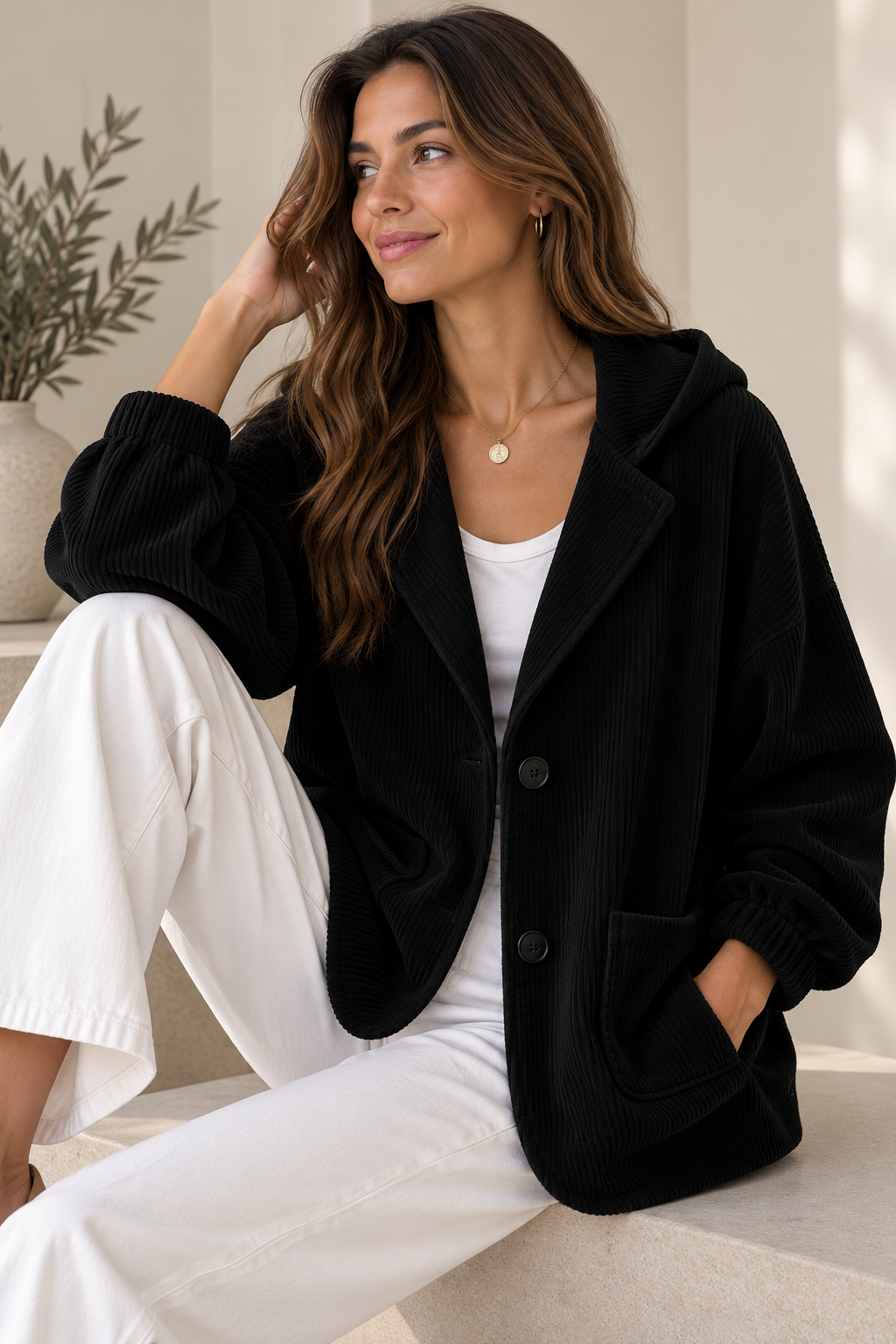 Berber - Dames oversized vest met ribfluweel effect en capuchon