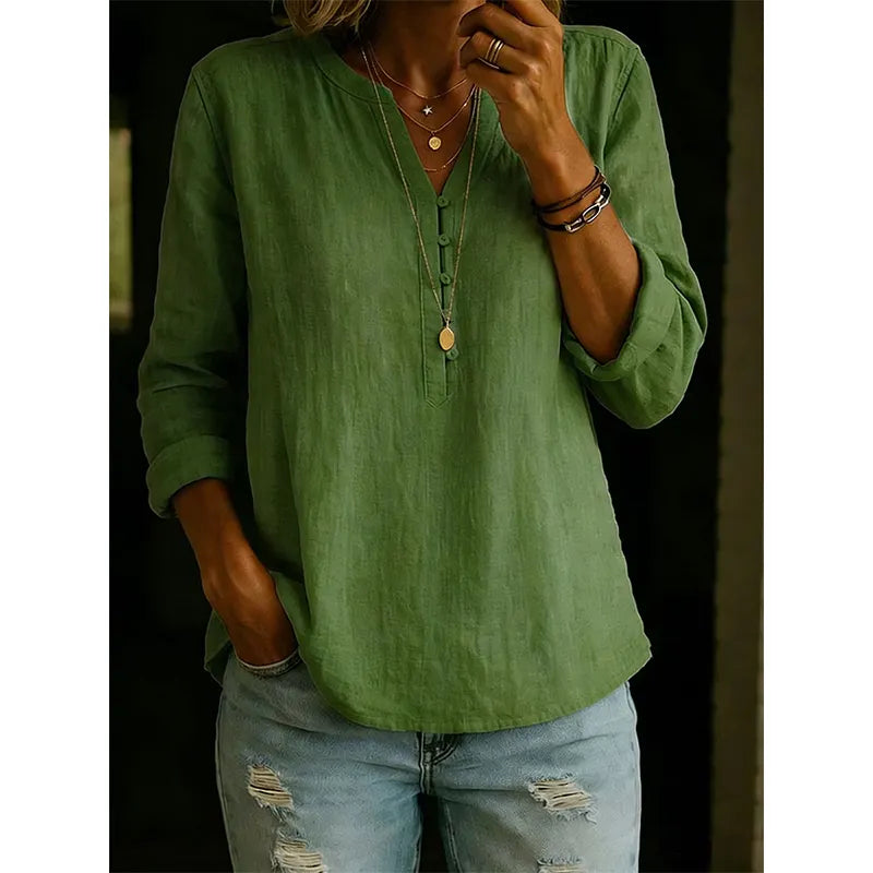 Vaelis - Vrouwelijke losse blouse met V-hals en knopen