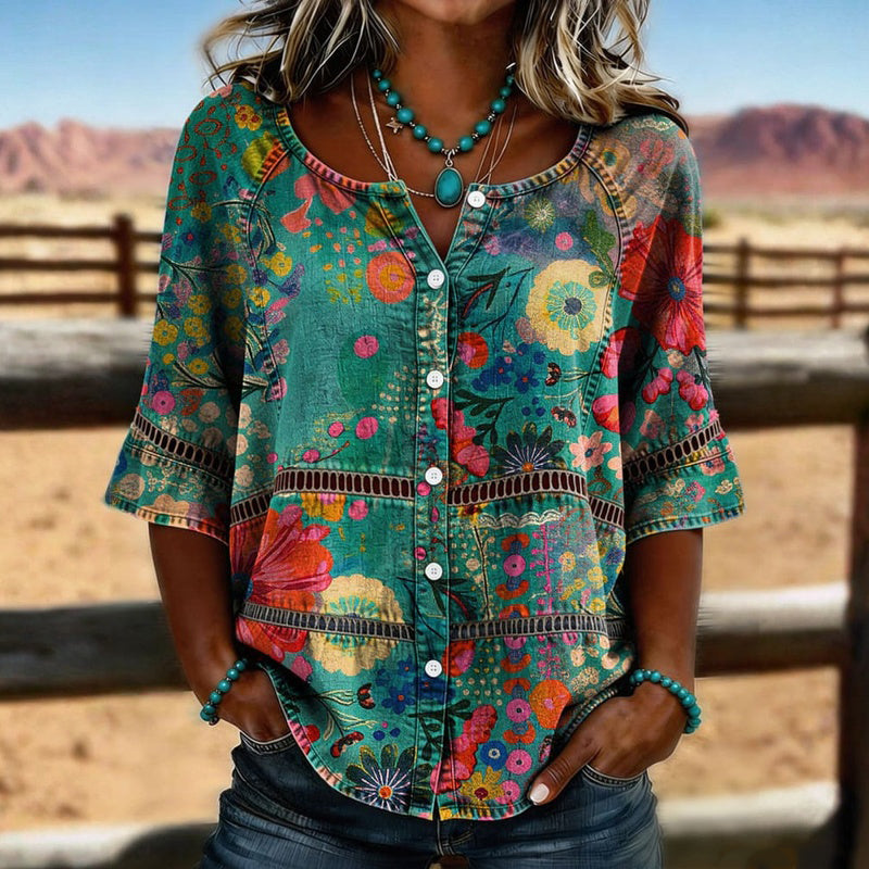 Marlies - Vintage bloemdessin blouse voor dames met knopen