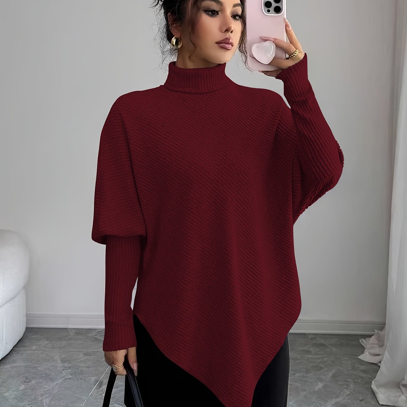 Ilyssa - Asymmetrische Trui Met Hoge Hals Moderne Elegant