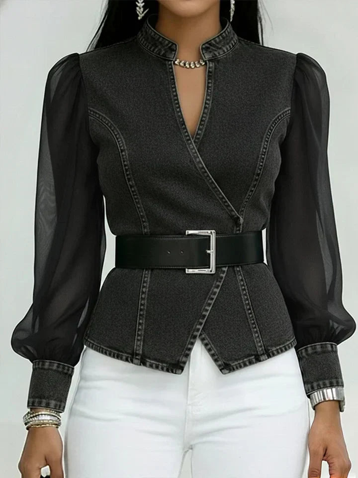 Quinellea - Elegante Denim Blouse met Structuur