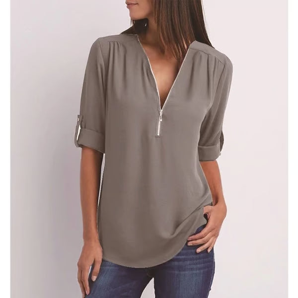 Quelina - 3/4 Mouw Losse Rits Blouse