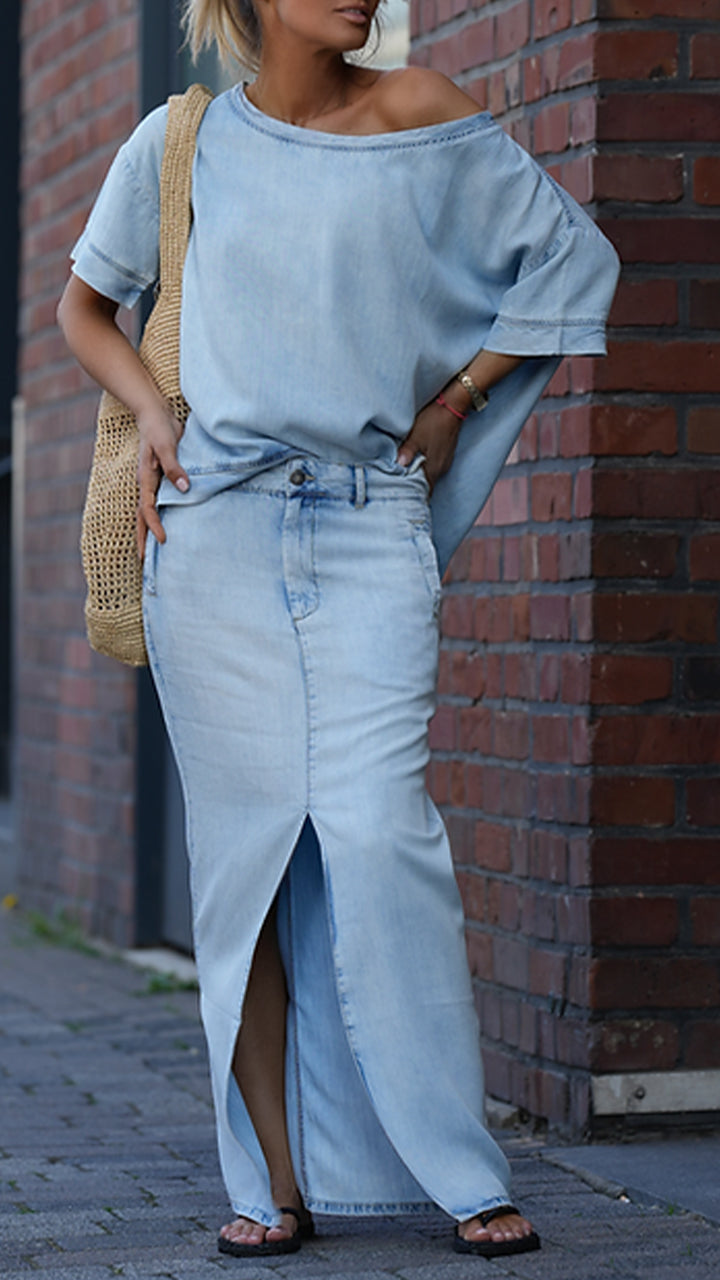 Mireya - Casual damesset in Tencel Denim met ronde halslijn