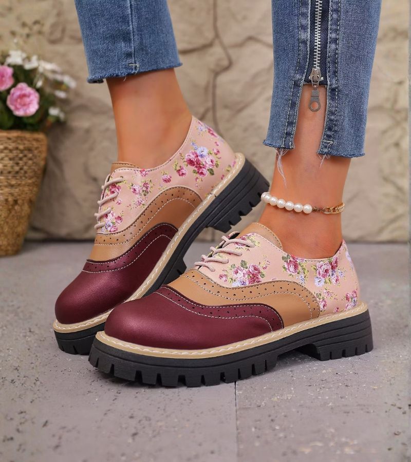 Maan - Dames Oxford Schoenen met Veters en Bloemenpatroon met Dikke Zool